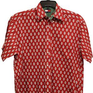 Tommy Hilfiger Men's Dress Shirt Red Size S Cotton Short Sleeve Diamond Pattern